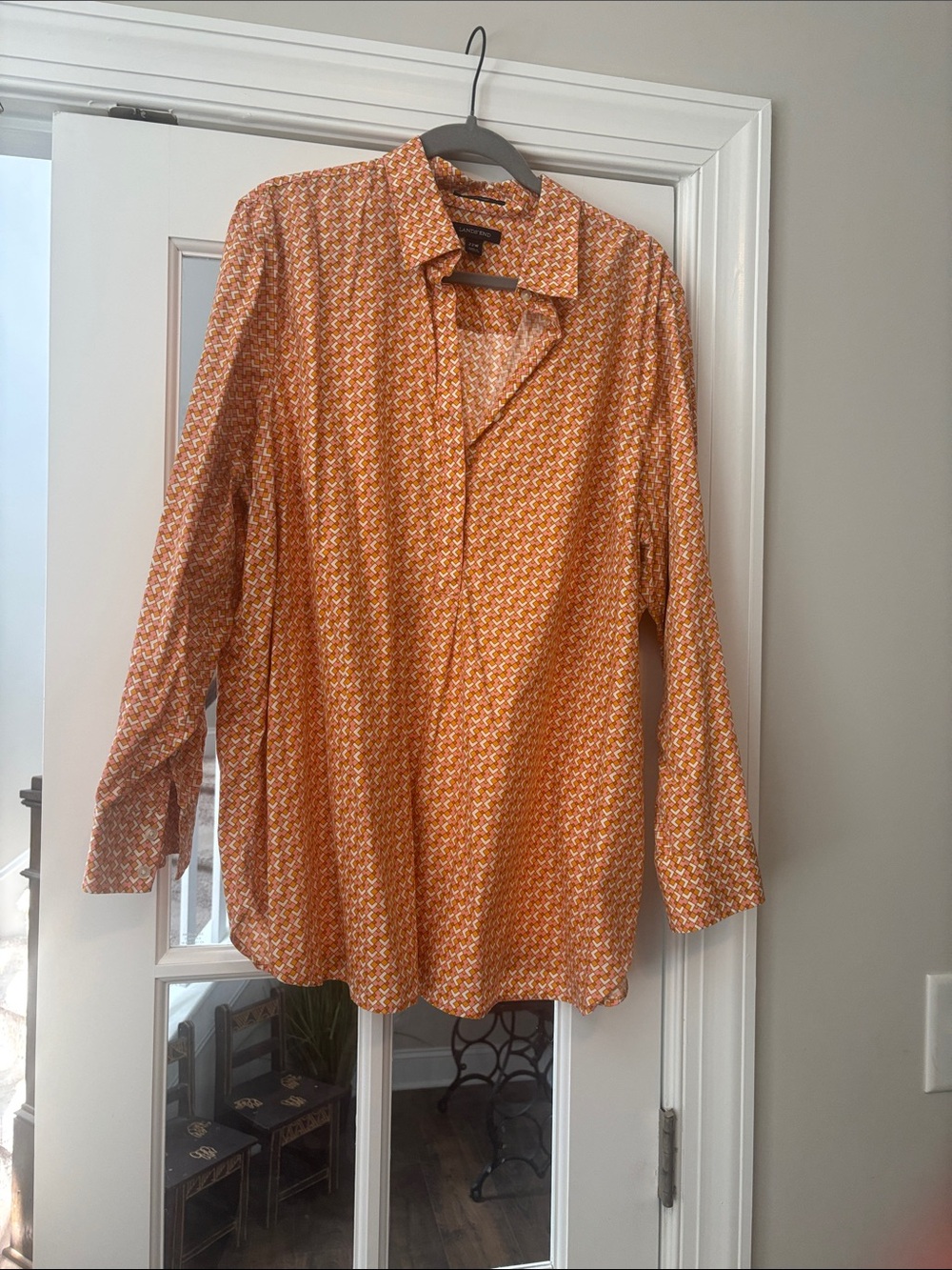 Lands End Orange and White Geometric Button-Down Shirt